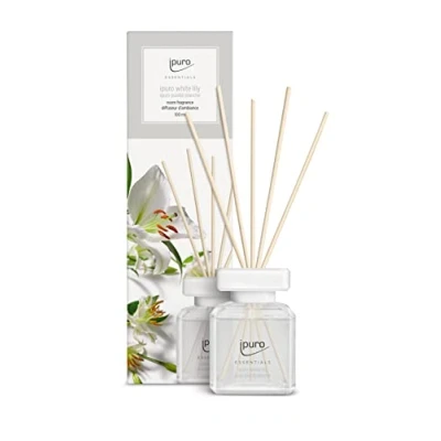 Bild av ipuro Essentials Rumdoft White Lily 100 ml Rumfräschare med persika, liljekonvalj, jasmin, nejlika, vit mysk och cederträdoft arom diffuser ätpinnar luftrenare för lägenhet