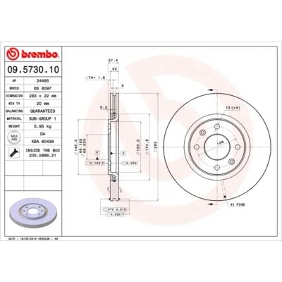 Bild av BREMBO 09.5730.10 Disque de frein 283 22 4 ventilé l&#039;intérieur avec vis/boulons CITROËN: Xsara Coupe, 5 portes, Xantia 3/5 portes