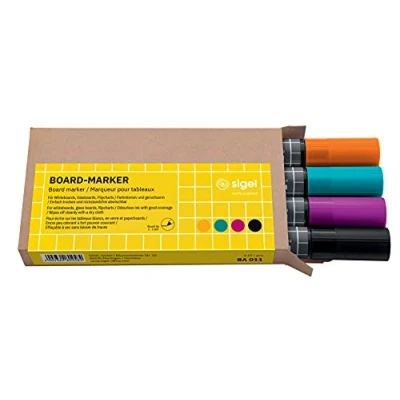 Bild av SIGEL BA011 Set med 4 glas/whiteboard markörer, raderbara, &quot;cap off&quot; bläck, Ø 23 mm kulspetsar, färger (svart/turkos/magenta/orange)