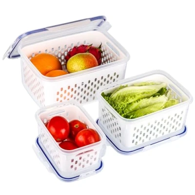 Bild av Belle Vous 3 pack kylskåpsförvaring för frukt och grönt med durkslag återanvändbara förvaringsbehållare lock i plast kyl/frys grönsaker diskmaskin /mikrovågssäkra