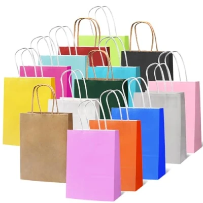 Bild av färgglada presentpåsar med handtag 15 stycken papperspåsar färgglada, kraftpapper partypåsar, för julfester, bröllop, födelsedag, fester, godis, gör det själv (21 x 8 cm)