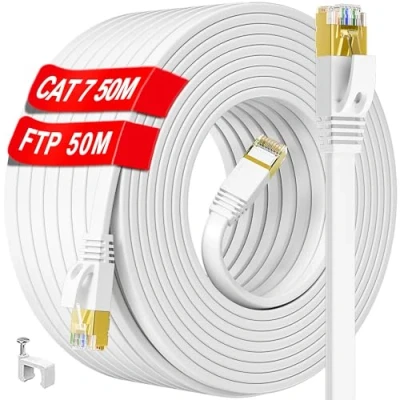 Bild av Ethernetkabel 50m Cat 7, Hög Hastighet Internetkabel Platt Vit, Skärmad RJ45 Nätverkskabel 600MHz 10Gbps STP, Gigabit Lång LAN kabel Utomhus Inomhus Patchkabel för Router Switch Modem PC(50 Clips)