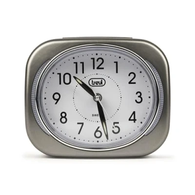 Bild av Trevi Retro säng /reseväckarklocka med LED bakgrundsbelysning och tyst svepande sekundvisare, grå, 10 x 3,6 8 cm