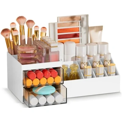 Bild av Subsky Makeup arrangör med lådor, sminkförvaring kosmetiskt toalettbord sminklåda lådor för byrå, sovrum, badrum (vit)
