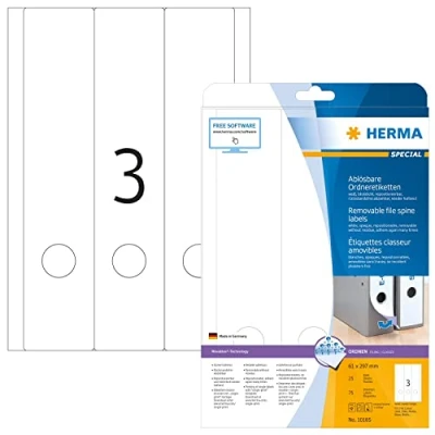 Bild av HERMA 10185 mappetiketter A4 avtagbart, bred/lång (61 x 297 mm, 25 ark, papper, matt) självhäftande, utskrivbara, avtagbara och återhäftande mappa ryggetiketter, 75 filetiketter, vit
