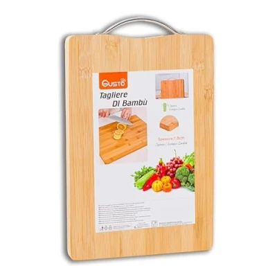 Bild av IPEA Rektangulär skärbräda i trä med metallhandtag för grönsaker, frukt, salami 32 x 22 cm Multifunktionell skärning och servering av aptitretare, bröd, ost bambu bricka