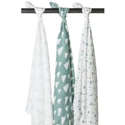 Bild av Meyco Swaddle Hydrophilic Swaddles Set om 3 120x120cm Feather Cloud Dots Stengrön/Vit