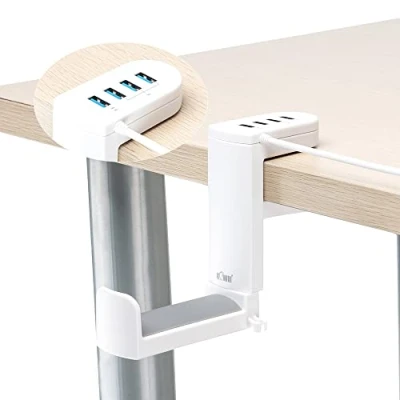 Bild av KIWIFOTOS Hörlursstativ hållare med 360 vridbar headsethängare + justerbar fjäderklämma, stationärt spelheadsethållare krok montering USB 3.0 x1 2.0 x3 vit