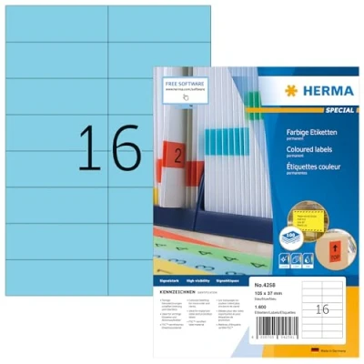 Bild av HERMA 4258 färgade etiketter A4 (105 x 37 mm, 100 ark, papper, matt) självhäftande, utskrivbara, permanenta färgetiketter, 1 600 klistermärken, blå