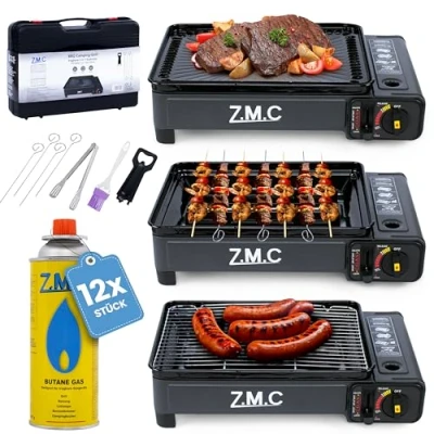 Bild av Z.M.C 2 i 1 campingspis och gasgrill inkl. grilltillbehör resväska 12 x gaspatroner MSF 1a 227 g, gasspis 2,2 kW med LPG anslutning för camping