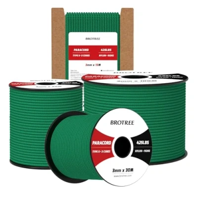Bild av Brotree 3mm Paracord 425 50M 100% Nylonrep 3 Trådar Sladd Typ II för Utomhus, Hundkoppel, DIY, Hantverk 192kg Brottlast (Kellygrön)