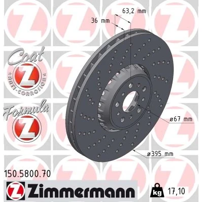 Bild av ZIMMERMANN bromsskiva BMW: 5 Sedan 395mm 36mm 10/5 hål 112mm ventilerad, hålad, tvådelad 150.5800.70 Bromsskivor