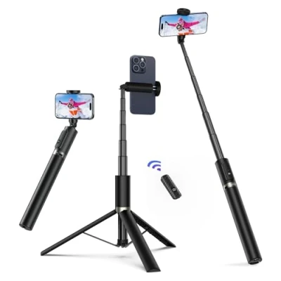 Bild av ATUMTEK 174 cm selfiepinne, stativ, utdragbart allt i ett mobiltelefonstativ av aluminium med Bluetooth fjärrkontroll, roterbar 360 för iPhone 15 Pro Max/15/14/13/12/XS Max/X Samsung smartphones,