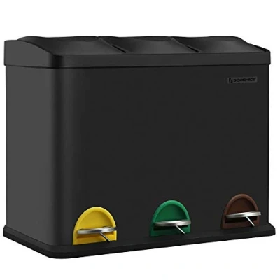 Bild av Songmics Soptunna kök, avfallssepareringssystem, 3 fack, papperskorg, 45 liters pedalhink av metall, x 15 liter, med lock, stål, bläcksvart LTB45B
