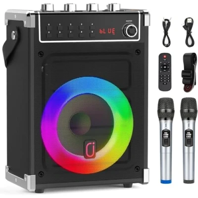 Bild av JYX karaokemaskin med 2 UHF trådlösa mikrofoner, bärbar Bluetooth högtalare bas/diskantjustering, fjärrkontroll och LED lampor, stöder TF kort/USB, AUX IN, FM, REC