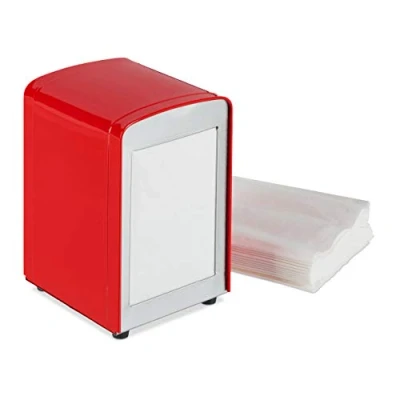 Bild av Relaxdays Servettdispenser retro, metall, liten servetthållare för glassbar, café, bistro, HBT: 15 x 9,5 11, röd