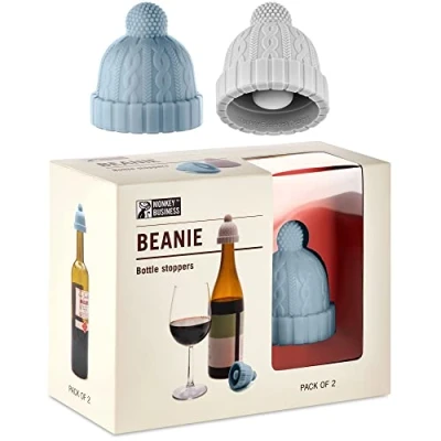 Bild av Monkey Business set med 2 vinproppar för vinflaskor, Skurriles vintillbehör, stickade hattformade vin och champagneflaskor pom