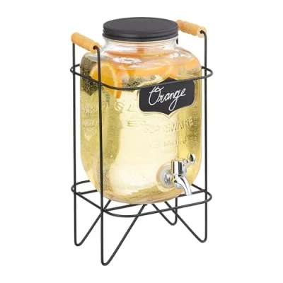 Bild av Relaxdays Dryckesdispenser med stativ, limobehållare 4 l, kran och lock, vattendispenser, glas, transparent/svart