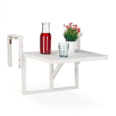 Bild av Relaxdays fällbart balkongbord, balkongbord för upphängning, höjdjusterbar, gran, 90% trä, vitt, 55 x 70 65 cm