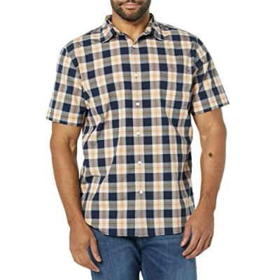 Bild av Amazon Essentials mäns Slim Fit kortärmad poplin skjorta, marinblå guldrutig, medium