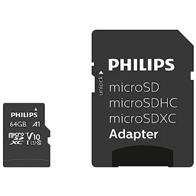 Bild av Philips Ultra Speed microSDXC kort 64 GB + SD adapter UHS I U1, läshastighet upp till 80 MB/s, A1 Fast App Performance, V10, minneskort för smartphones, surfplattor, PC, kortläsare, Full HD Video