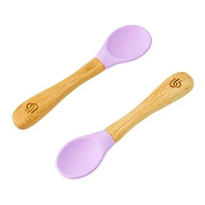 Bild av bamboo ® Baby avvänjningsskedar set med 2 Bambu mjuka silikonspetsar Ergonomiska handtag enkelt grepp BPA fri (set 2, lila)