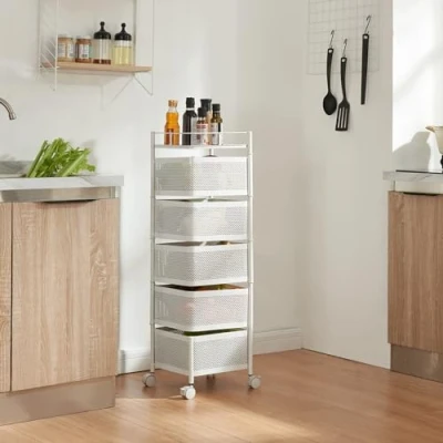 Bild av [en.casa] Sunndal rullvagn med 5 nivåer kökshylla i flera lager hjul serveringsvagn av stål, utfällbara korgar, hylla för kök, badrum 94,5 x 27 cm vit