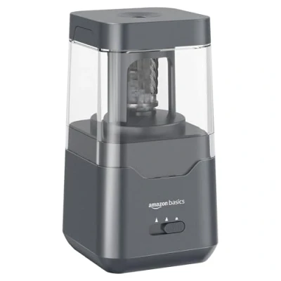 Bild av Amazon Basics Bärbar elektrisk pennvässare, spiralblad, automatiskt stopp, batteri/USB driven, svart, 9 x 16 cm