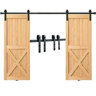 Bild av Sliding Barn Door Hardware Kit, VEVOR 8FT 330LBS Heavy Duty Track Kit för dubbeldörrar, passar 3,7 4,3FT totalt bred och 1,3 &quot; 1,8&quot; tjock 2 dörrpanel, med slät tyst remskiva (J form)