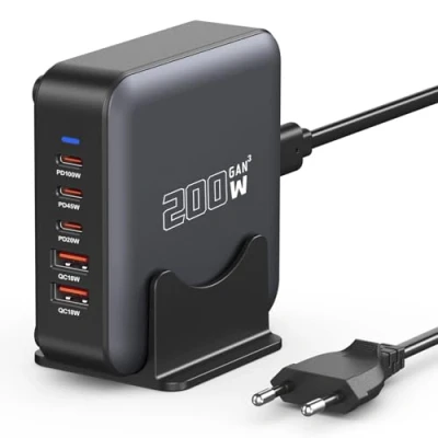 Bild av 200W USB C laddare, 5 portar GaN III snabbladdare, PD+QC PPS laddningsstation, 100W typ Laddare för bärbar dator kompatibel med MacBook Pro/Air/iPhone 15/16/Galaxy S23/S24 och mer
