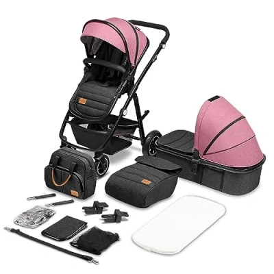 Bild av LIONELO Amber Barnvagn 2 i 1 kombibarnvagnsset med sportig sits och fast babybadkar, väska, myggnät, skydd regnblad (rosa)