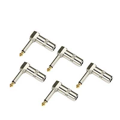 Bild av HSP HSWITI Audio 1/4 tum 90 graders rätvinklig kontakt, 6,35 mm slitstark TS mono hane lödkontakt för högtalare/gitarr/mikrofonkablar 5 pack (behöver lödas)