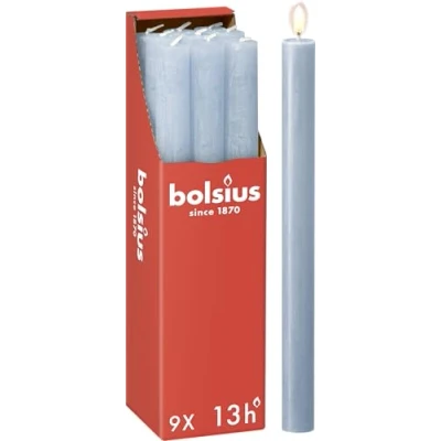 Bild av Bolsius Avsmalnande ljuspelare Stakljus Rustikt Ljusblå 9 pack Lång Brinntid På 13 Timmar Hushållsljus Inredning Oparfymerad Naturligt Veganskt Vax 270 x 23 mm