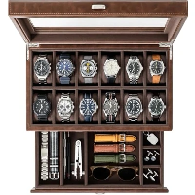 Bild av TAWBURY 12 Grid Watch Box för män brun eller svart Konstläder klockdisplay fodral Klockaskar Multi Case Klockfodral Klocka förvaringsbox Herrklocka