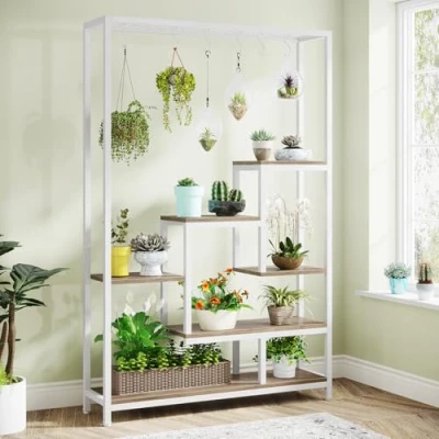 Bild av Tribesigns Växthylla med 5 nivåer, 180 cm högt växtstativ för inomhusbruk, metallhylla 10 st. S krokar upphängning, stativ blommor, bonsai, till balkongen, i vardagsrummet, vitt och beige