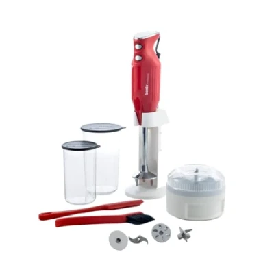 Bild av bamix M350 MAXX stavmixerset med stativ, 2 koppar, 4 tillbehör, processor, spatel, rengöringsborste, 350 watt, tillverkad i Schweiz, röd/krom