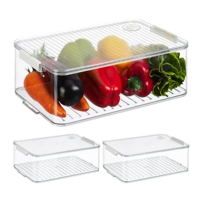 Bild av Relaxdays Kylskåpsförvaring, set om 3, kylskåpsinsatser med lock och datum, H x B D: 10,5 21 33 cm, transparent