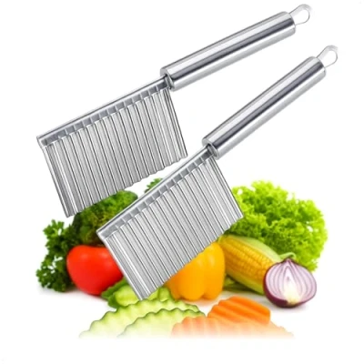 Bild av COM FOUR® 2x vågskärare tandad kniv av rostfritt stål garneringskniv med kant krusad fräs för pommes frites grönsaksskärare (silverfärg 2 st)