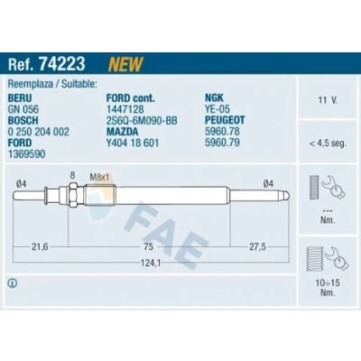 Bild av FAE 74223 Bougie de préchauffage 11V M 8x1 PEUGEOT: 207 3/5 portes, Partner I Combispace, 308 CITROËN: Berlingo / First
