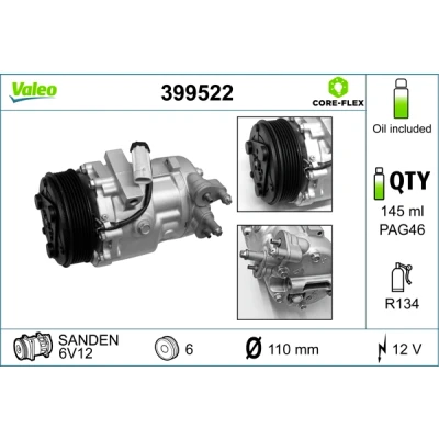 Bild av VALEO 399522 compresseur De Climatisation 6V12 12V PAG 46 R134a avec huile