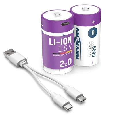 Bild av ANSMANN 2 x Baby C batterier Li Ion med USB Type kontakt, uppladdningsbara via C/hög effekt på 1,5 volt och 500 mAh/lämplig för fjärrkontroll, kontroller, lampor, leksaker, radioapparater