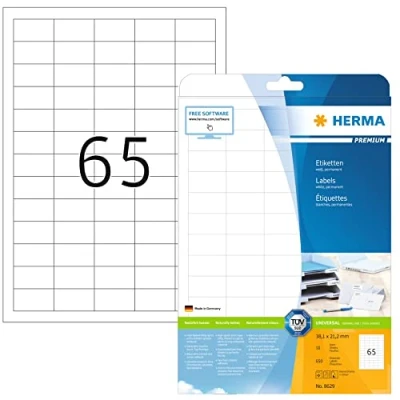 Bild av HERMA 8629 universella etiketter A4 små (38,1 x 21,2 mm, 10 ark, papper, matt) självhäftande, utskrivbara, permanenta adressetiketter, 650 klistermärken, vit