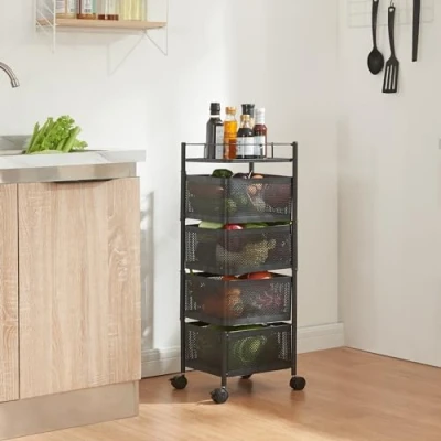 Bild av [en.casa] Sunndal rullvagn med 4 nivåer kökshylla i flera lager hjul, serveringsvagn av stål, utfällbara korgar, hylla för kök, badrum 79,5 x 27 cm svart