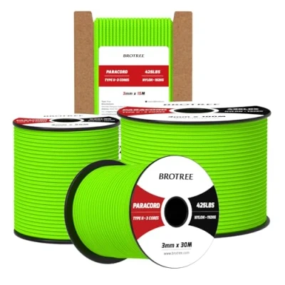 Bild av Brotree 3mm Paracord 425 15M 100% Nylonrep 3 Trådar Sladd Typ II för Utomhus, Hundkoppel, DIY, Hantverk 192kg Brottlast (Neongrön)
