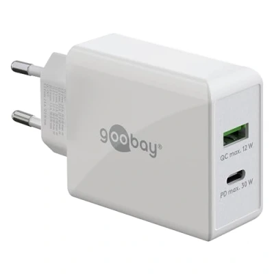 Bild av goobay 61674 Dual USB C PD (Power Delivery) snabbladdare (30 W)/Quick Charge strömförsörjning för iPhone, Samsung, Huawai/mobiltelefon laddare/laddningsadapter uttag/vit