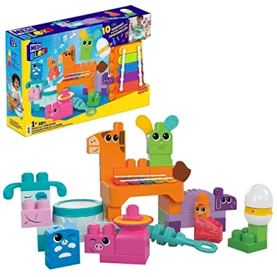 Bild av MEGA BLOKS Fisher Price lekset med sensoriska byggleksaker, musikaliskt gårdsband 45 klossar för småbarn och 6 notark, presentidé till barn från 1 år, HPB46