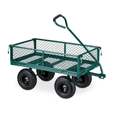 Bild av Relaxdays Handvagn, praktisk rullvagn för trädgården, med pneumatiska däck, vikbara sidodelar, upp till 200 kg, grön