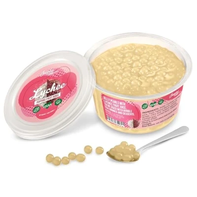 Bild av Popping Boba för bubbelté Fruktpärlor, exploderande bubblor 450 gram litchi INGA konstgjorda färger Mindre socker, riktig fruktjuice 100 % vegan och glutenfri