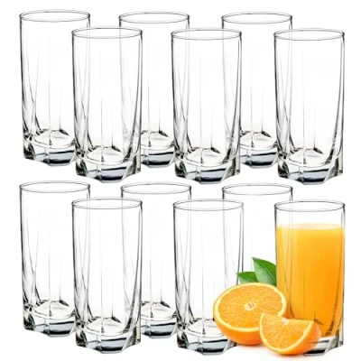 Bild av KADAX dricksglas av högkvalitativt glas, set med 12 stycken, vattenglas, tjockväggiga saftglas, räfflade glas för vatten, dryck, juice, fest, cocktailglas, dryckesglas (SET stycken 380ml hög).