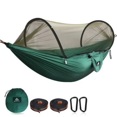 Bild av NATUREFUN ultralätt resehängmatta för resor och camping myggnät 300 kg lastkapacitet, skrynkelbeständig snabbtorkande polyester 2 premium karbinhakar, nylonslingor ingårutomhus inomhus trädgård